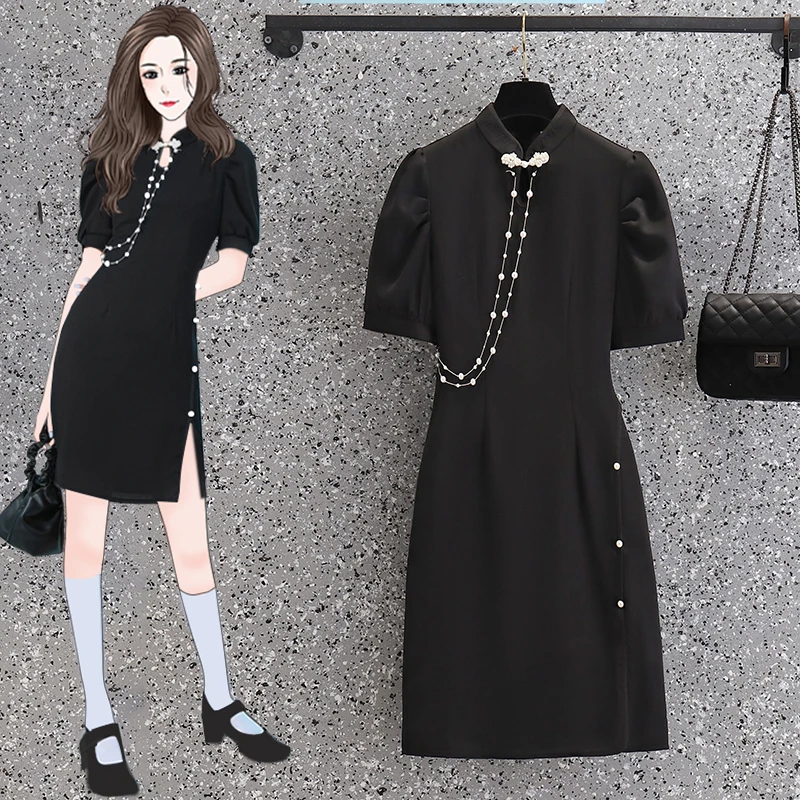 

Plus Size 4XL Women Vintage Black Mini Dress Short Sleeve Pearl Chain Elegant Bandage Wrap Split Party Dresses Summer Clothes