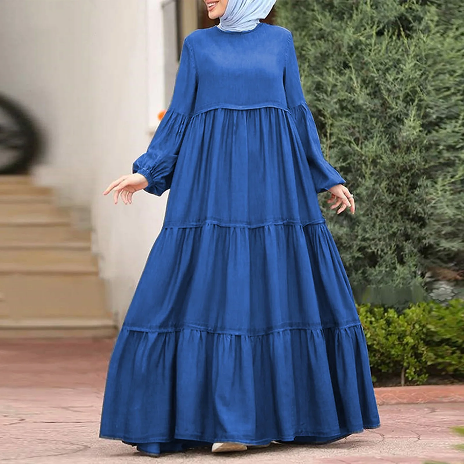 

Fashion Ruffles Layered Dress Muslim Long Sleeve Lace-Up Loose Maxi Robe Eid Mubarek Vintage Sundress Elegant Party Vestidos