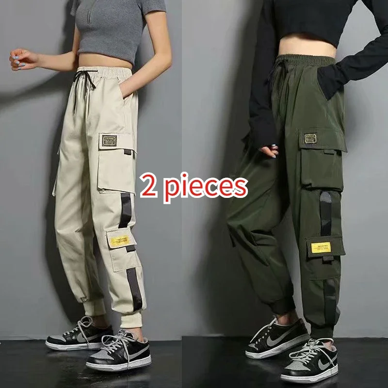 여러 개의 주머니가있는 여성용 카고 바지 여성 조깅 하이 웨이스트 발목 줄무늬 디자인 streetwear 힙합 스웨트 팬츠 플러스 사이즈