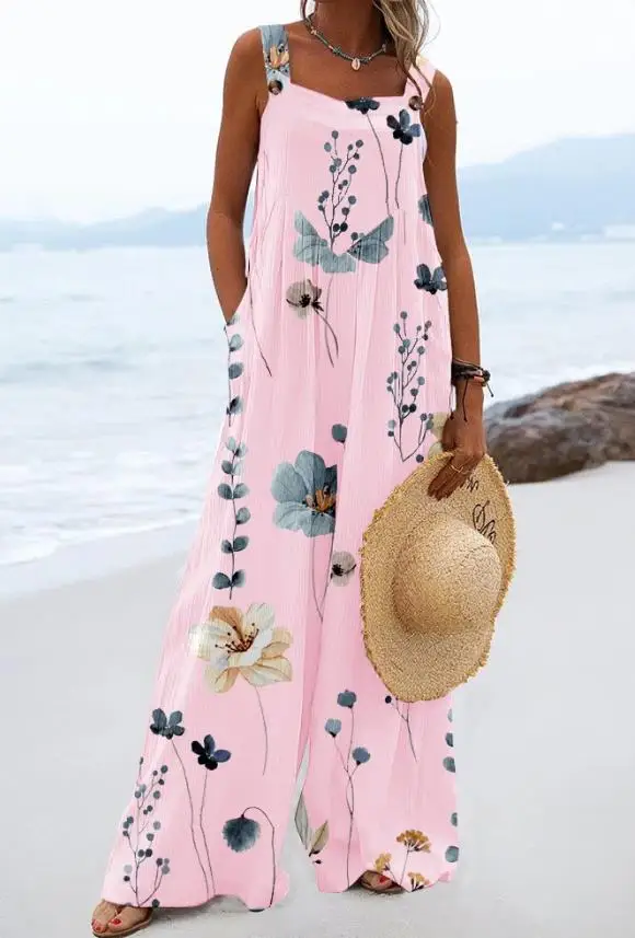 2024 New Summer Jumpsuits New Fashion Square Neck Floral Print Wide Leg Suspender Overalls Loose Rompers Daily Vacation Jumpsuit