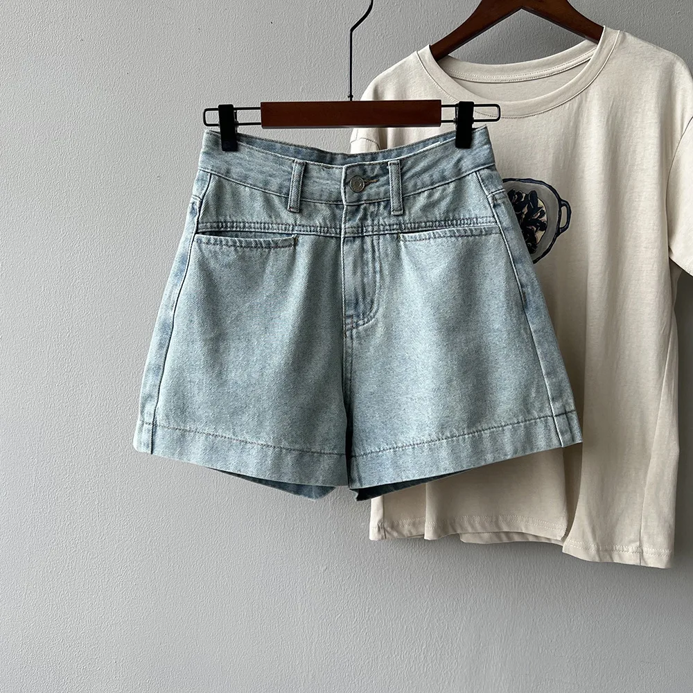 Women Clothing Retro High-waisted Pocket Denim Shorts 2024 Summer New Korean Style All-match Casual Simple Wide-leg Pants