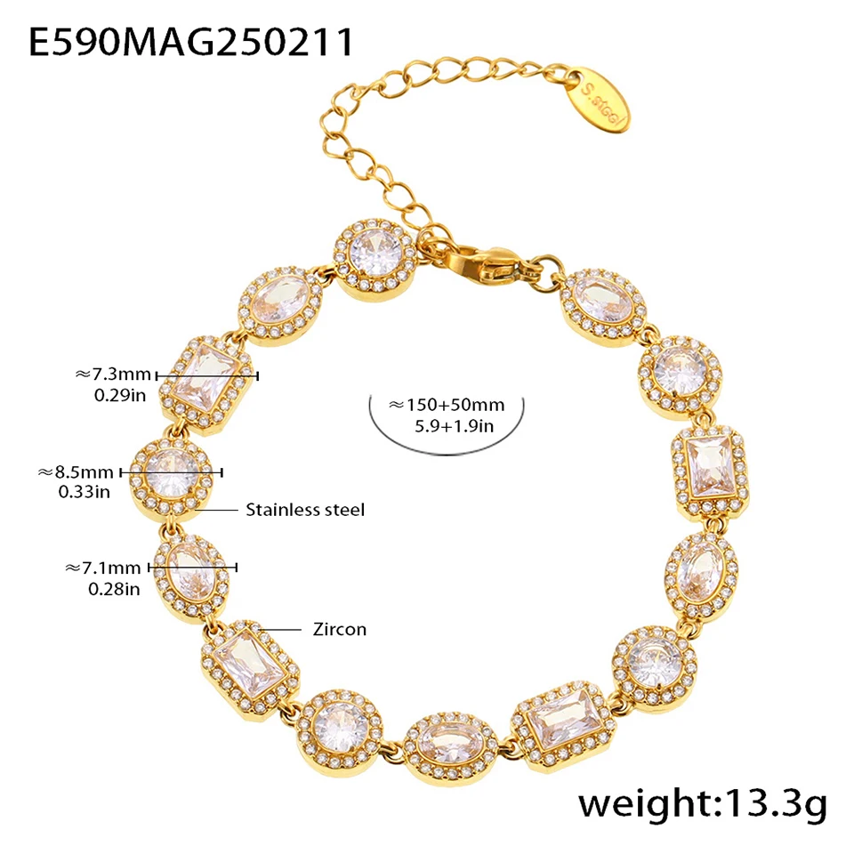Schönes Tennis-Kettenarmband für Damen, Edelstahl, 18 Karat vergoldet, weißer Zirkon, luxuriöser Schmuck für Bankette und Hochzeiten – Detail 13