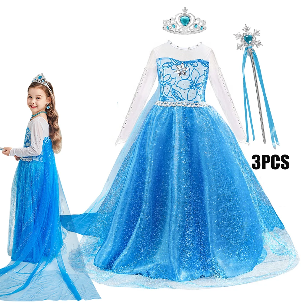 Disfraz de Elsa de la reina de las nieves para niña, Vestido de princesa de Disney para fiesta de carnaval, Vestido de Frozen, tren largo para niña de 2 a 10 años, Vestido de fiesta de cumpleaños