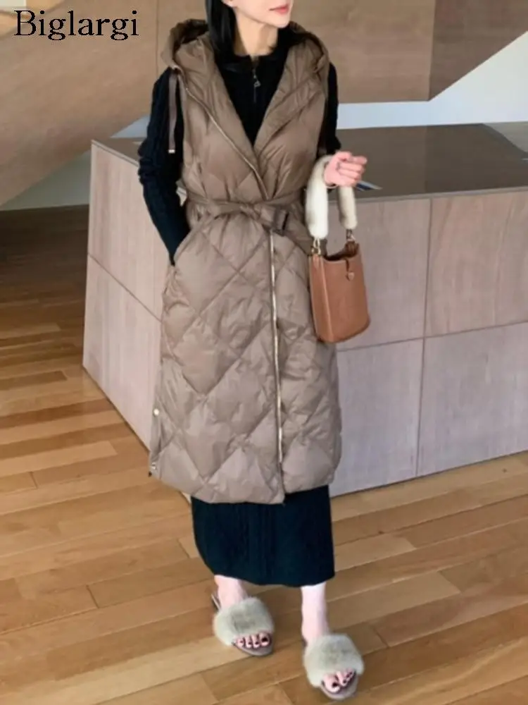 

Winter Hooded Padded Cotton Long Vests Coat Women Pleated Korean Fashion Sleeveless Ladies Jackets Casual Loose Woman Coats 2023