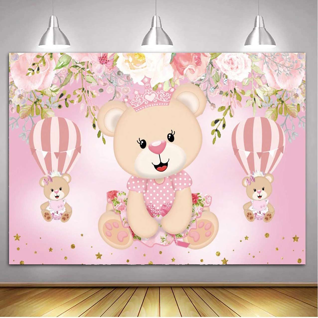 Teddy Bear Baby Shower Backdrop with Floral and Balloon Decor for Photography and Kid's Birthday Parties
