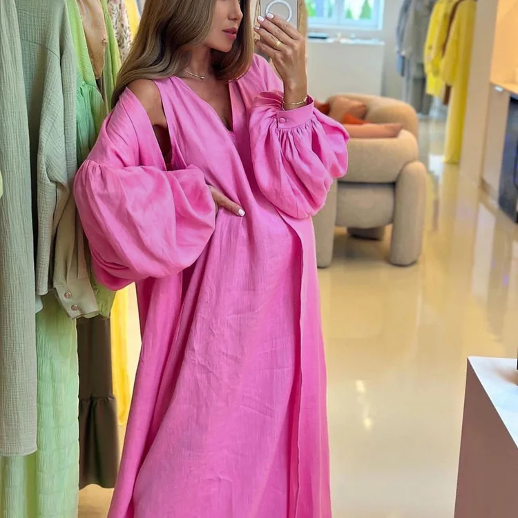 Loose 2 Piece-Set Long Dress Cover up Clothes For Women Casual V-Neck Solid High Waist Beach Holiday Maxi Dress Outfits