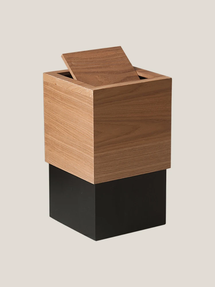 Nordic Ins Trash Can Home Living Room Bathroom High-End Square Hotel Wooden with Lid Minimalist Creative Wastebasket