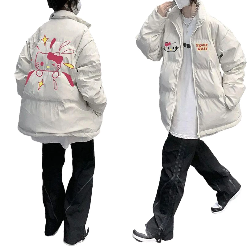 

Hello Kitty Women Cotton Padded Clothes Autumn Winter Cute Pure Colour Cotton Jacket Kawaii Fashion Versatile Warm Casual Coat