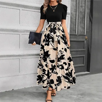 Elegant Floral Print Round Neck Long Dresses Women Short Sleeve High Waist Lace-up Office Lady Holiday Party Dresses Vestidos 1