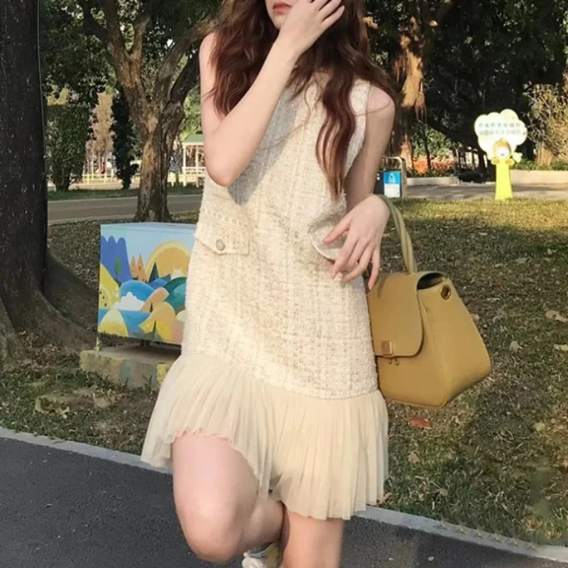 

Small Fragrant Sleeveless White Gauze Patchwork Tweed Dress Women New Temperament Loose Basic Sweet Korea Female Vest Dresses