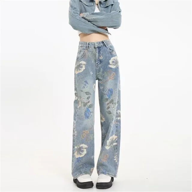 Stampa fiori design jeans a gamba larga a vita alta pantaloni