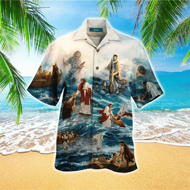 thumbnail image 1 of Jesús toma mi mano Jesús es mi salvador Camisas hawaianas para hombre y mujer Camisas playeras con cruz de león Camisas florales frescas de verano Ropa, 1 of 5
