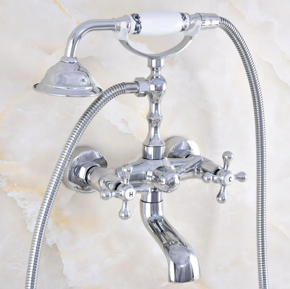 

Chrome Brass Telephone Style Bathtub Faucet Wall Mounted Bath & Shower Mixer Taps Handheld Shower Set