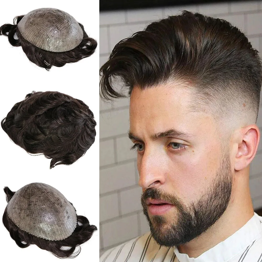 Human hair toupee thin skin full PU Indian hair system men's capillary prosthesis hairpiece unit