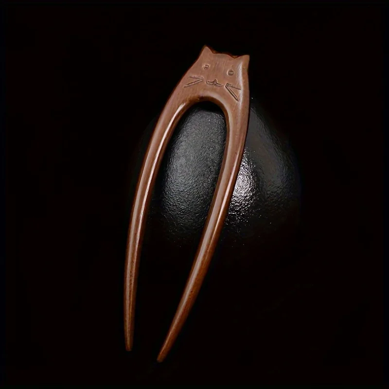 1pc Sandalwood Cat Hairpin, Hand-Carved Hanfu Hair Stick, Vintage Chinese Hair Accessory for Women (Wooden)
