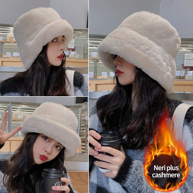 

Women Thicken Plush Bucket Hat Large Size Winter Warm Rabbit Fur Hats for Women Flat Top Panama Outdoor Fisherman Caps Gorras