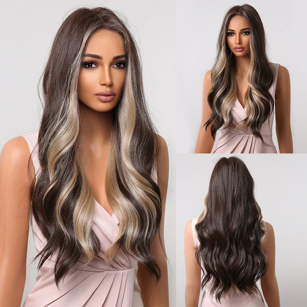 Long Wavy Wigs Brown With Blonde Highlight Natural Hair Wigs for Women  Middle Part Synthetic Wigs Daily Use Wigs Heat Resistant| | - AliExpress