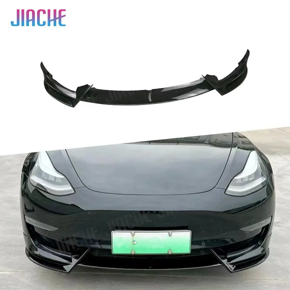 

3Pcs/Set ABS Carbon Look Front Bumper Lip Spoiler Trim for Tesla Model 3 2017 + Gloss Black Car Head Bumper Chin Guard