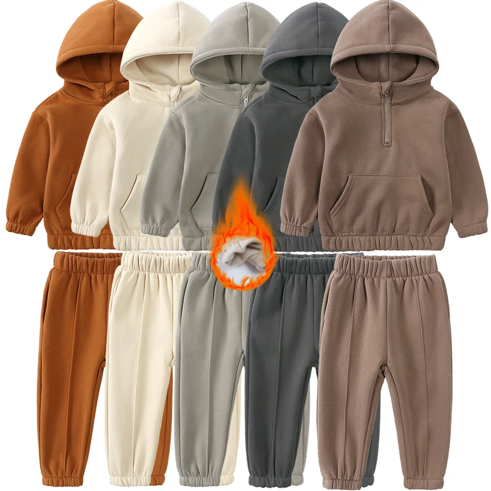 

2023 Winter Warm Fleece Toddler Baby Boys Clothing Set Girls Tracksuit Hoodies Zipper Sweatshirts+Pants Clothes Kids Suit 2Pcs