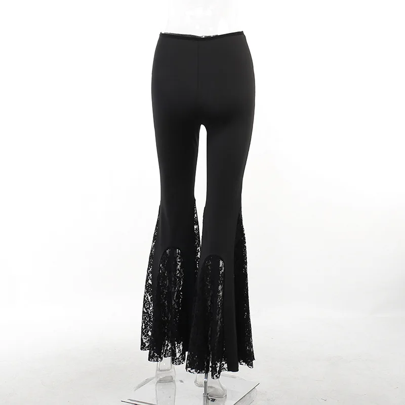 Goth Dark High Waist Package Hip Long Pants Mall Gothic Lace Patchwork Women Flare Pant Grunge E-girl Trousers Trim Streetwear