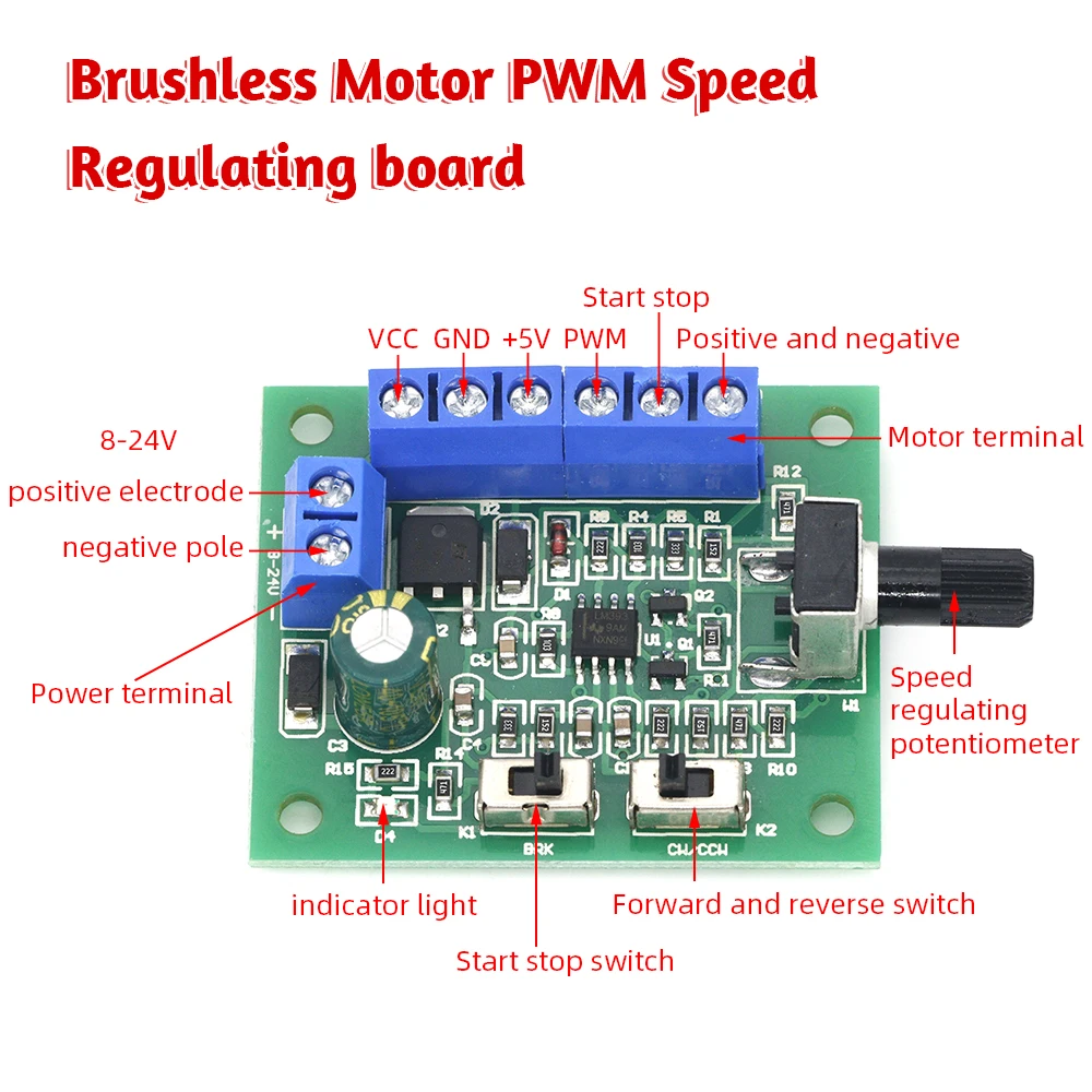 Description Picture 5 of itemDC8-24V Brushless DC Motor Speed Controller Driver PWM Speed Control Board Pinpoint Regulator Forward And Backward Control 18KHz
