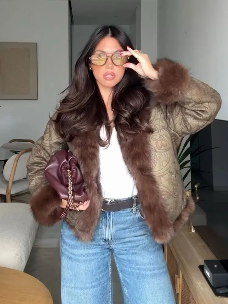 HH Women Faux Fur Collar FIoral Embroidery Coat Vintage Long Sleeve Open Stitch Jacket Winter Thicken Warm Woman Chic Outerwears