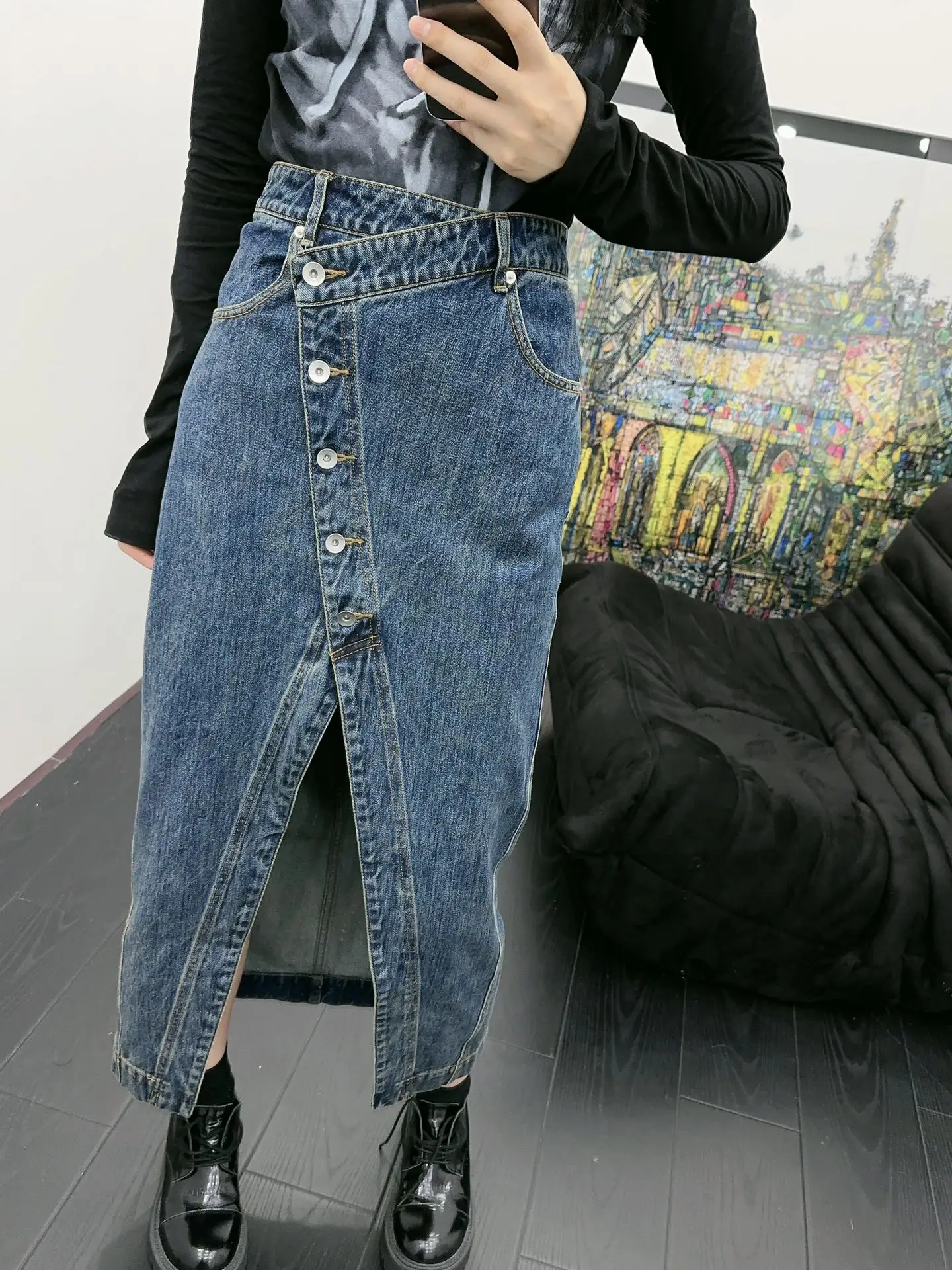 

2023 Autumn/Winter Fashion New Women's Clothing Oblique Slit Denim Skirt 0916