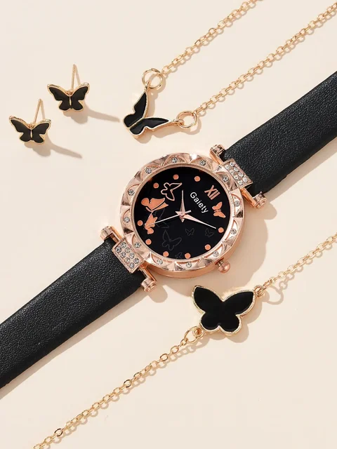 Relógio de luxo para mulheres, colar anel brincos pulseira conjunto, pulseira de couro borboleta, relógio de pulso quartzo feminino, sem caixa, 4pcs 2