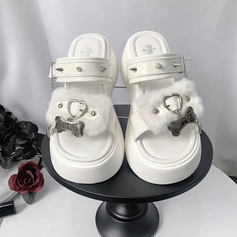 2024 Original Summer Punk Y2g Muffin Platform Slippers Plush Outer Wear Flat Sandals Women Slippers