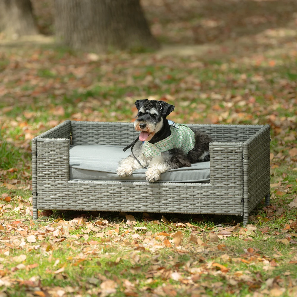 Dog Bed with Cushion - Outdoor Pet Furniture, PE Wicker Seasonal Pet Enclosures, Comfortable Patio Furniture for Dogs 1