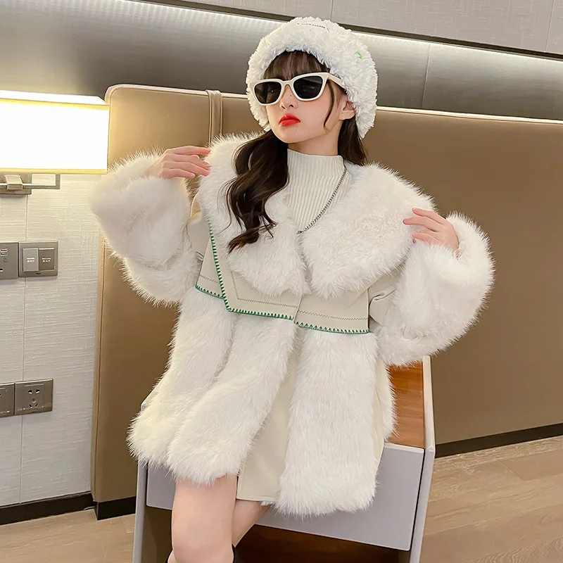 

Korean Winter Junior Girl Faux Fur Jacket Teenager Girl Plus Velvet Wool Patchwork Shawl Outwears School Girl Winter Warm Coats