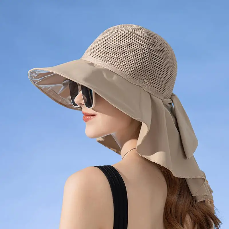 Summer Women Bucket Hat with Shawl Lightweight Breathable Mesh Face Neck Protection Sun Hat Bow Pleat Design Travel Beach Cap