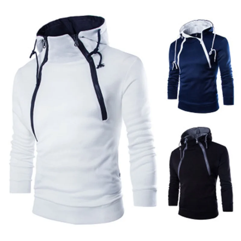

Spring Autumn Fashion Double Zipper Hoodies Contrast Color Fleece Tops Stand Collar Streetwear Clothing for Men