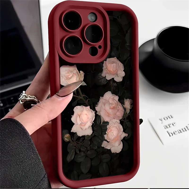 thumbnail image 1 of Funda de silicona con pintura al óleo para iPhone, carcasa con flor rosa blanca para iPhone 11, 12, 13, 14, 15 Pro Max, XS, X, XR, 78 Plus, SE 2020, 1 of 5