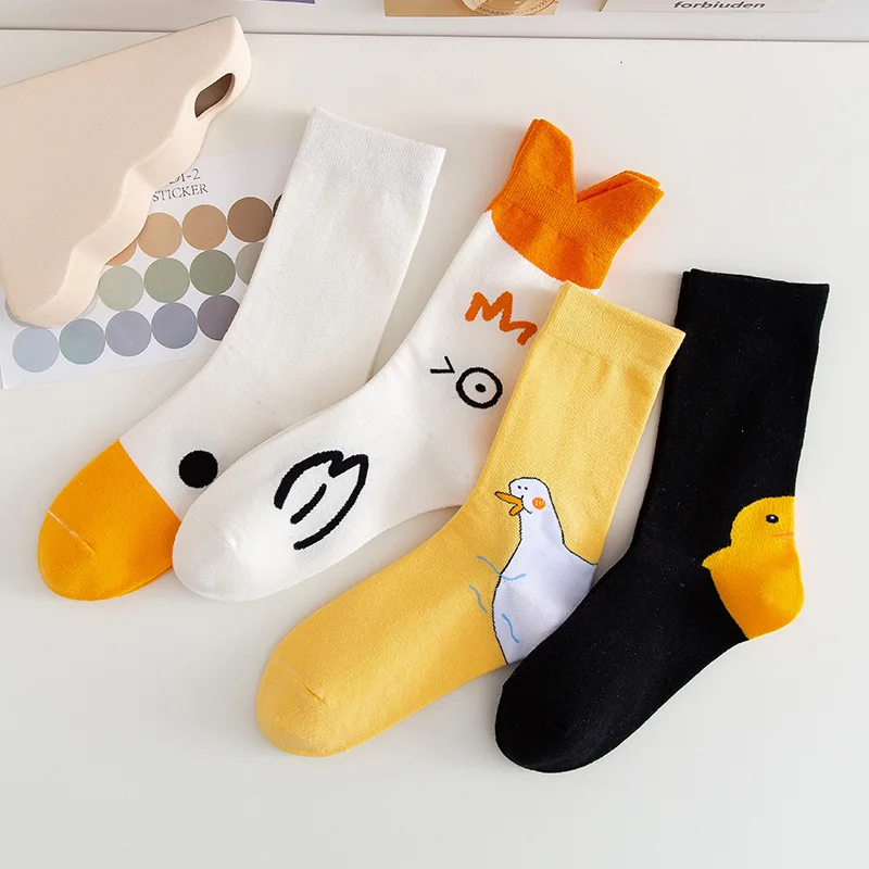 

2 Pairs Little Yellow Duck White Black Cute Cartoon Female 2023 Cotton Mid-tube Socks Casual Trend Sweat Absorption