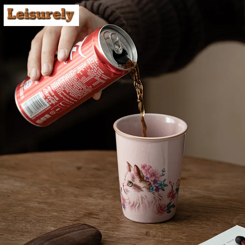 270ml Pink Ru Kiln Flower Cat Cola Mug Mocha Cups Master Mug Bubble Teacup Cold Hot Water Jug Household Tea Items Ornaments Gift