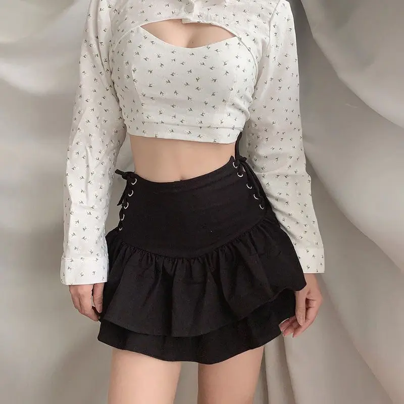 Sexy Hollow Black Ruffled A-line Woman Skirts Solid Kawaii Goth Sexy Mini Micro Skirt Vintage High Waist Summer Short Skirt