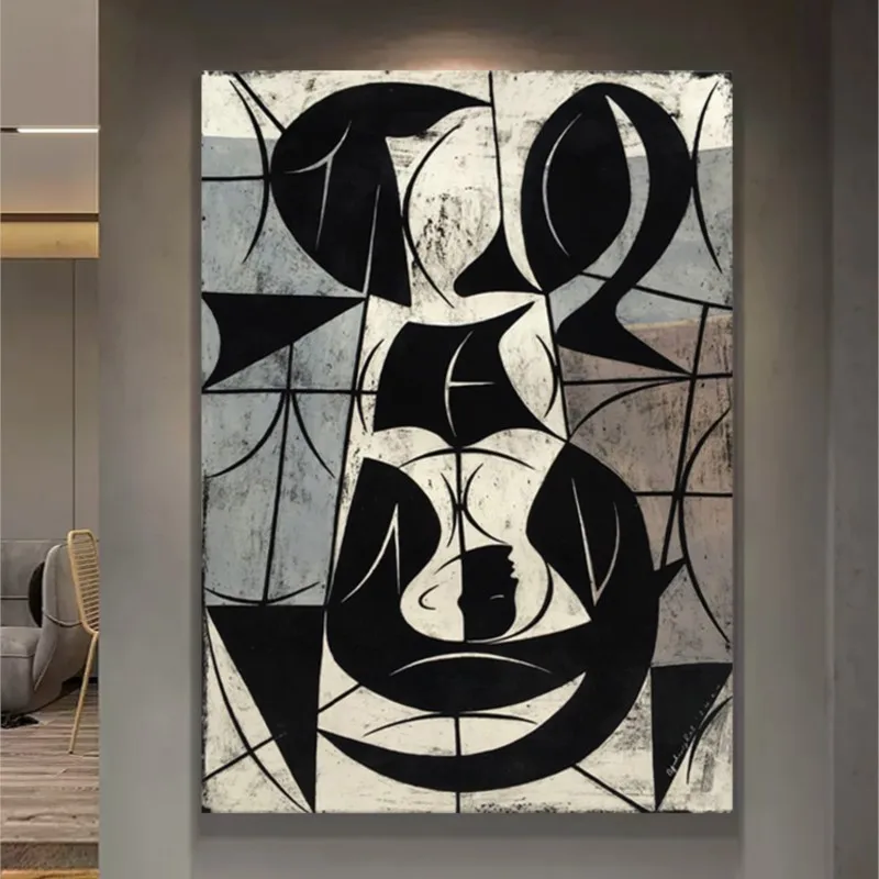 

Handmade Painting Black and White Decorative Modern Minimalist Living Room Background Wall Abstract Hanging