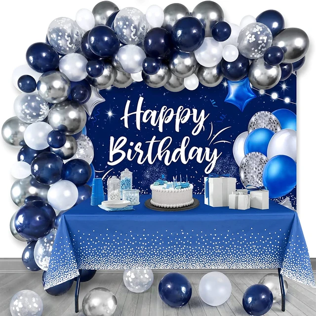 Décorations d'anniversaire bleu marine argent, fournitures de fête d' anniversaire bleues avec ballons confettis joyeux