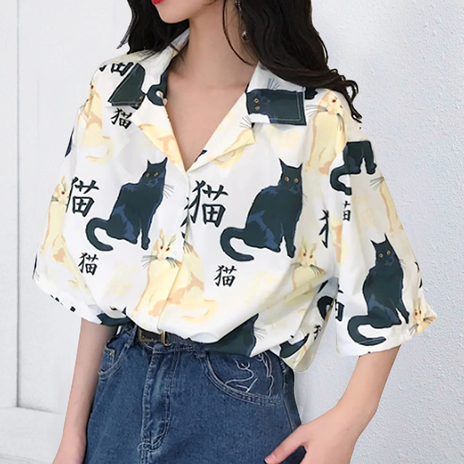 Harajuku Fashion Cat Pattern Shirt Women'S Flower Printed Korean