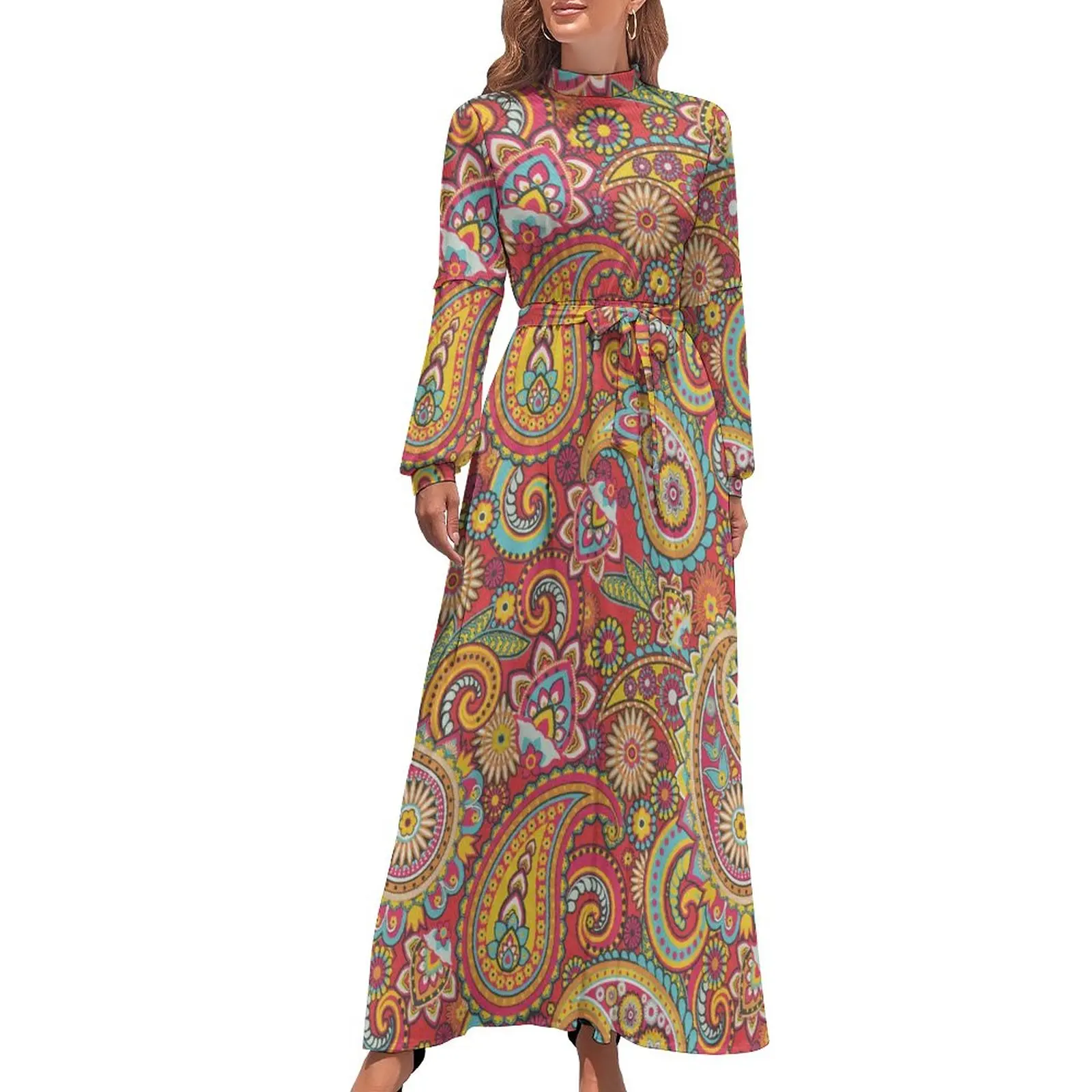 

Retro Paisley Dress Trippy Hippy Print Streetwear Boho Beach Dresses Ladies Long Sleeve High Waist Vintage Long Maxi Dress