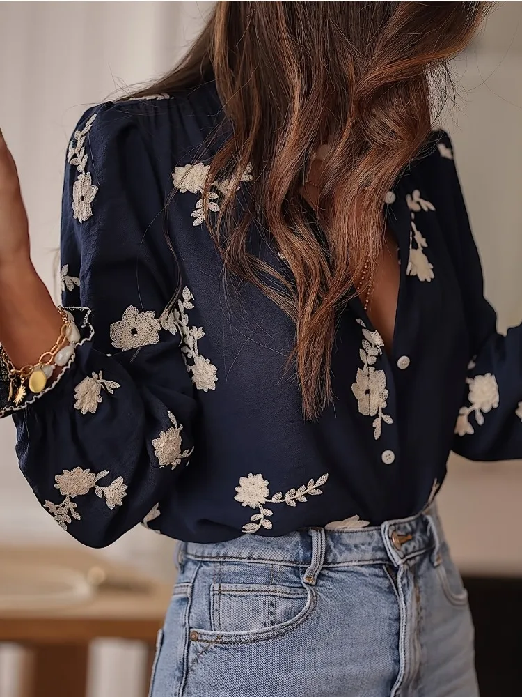 2025 New Fashion Embroidered Crew Neck Lace Women's Petal Sleeve Shirt Elegant Cardigan Single-breasted Casual Office Blouse