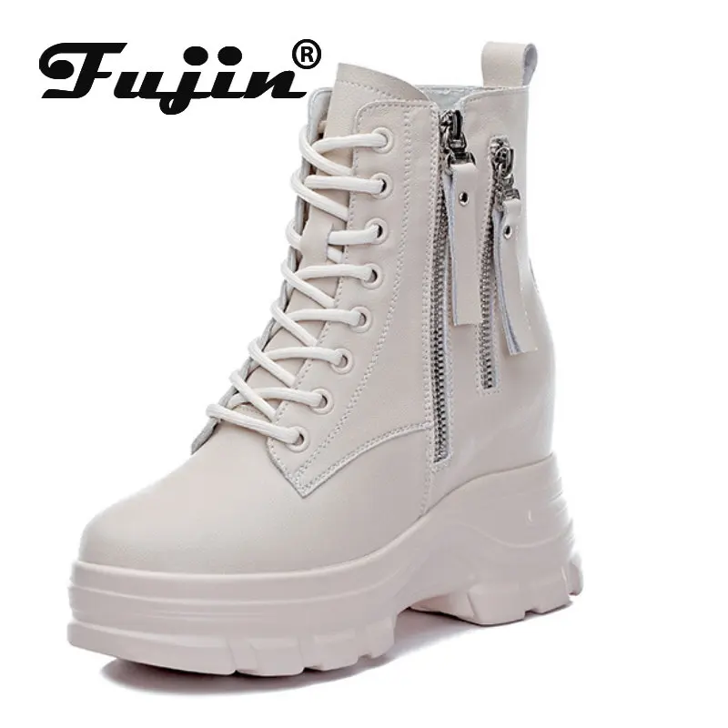 

Fujin 9cm Genuine Leather Platform Wedge Autumn Winter Mid Calf Ankle Motorcycle Booties Non Slip Hidden Heel Women Zipper Shoes