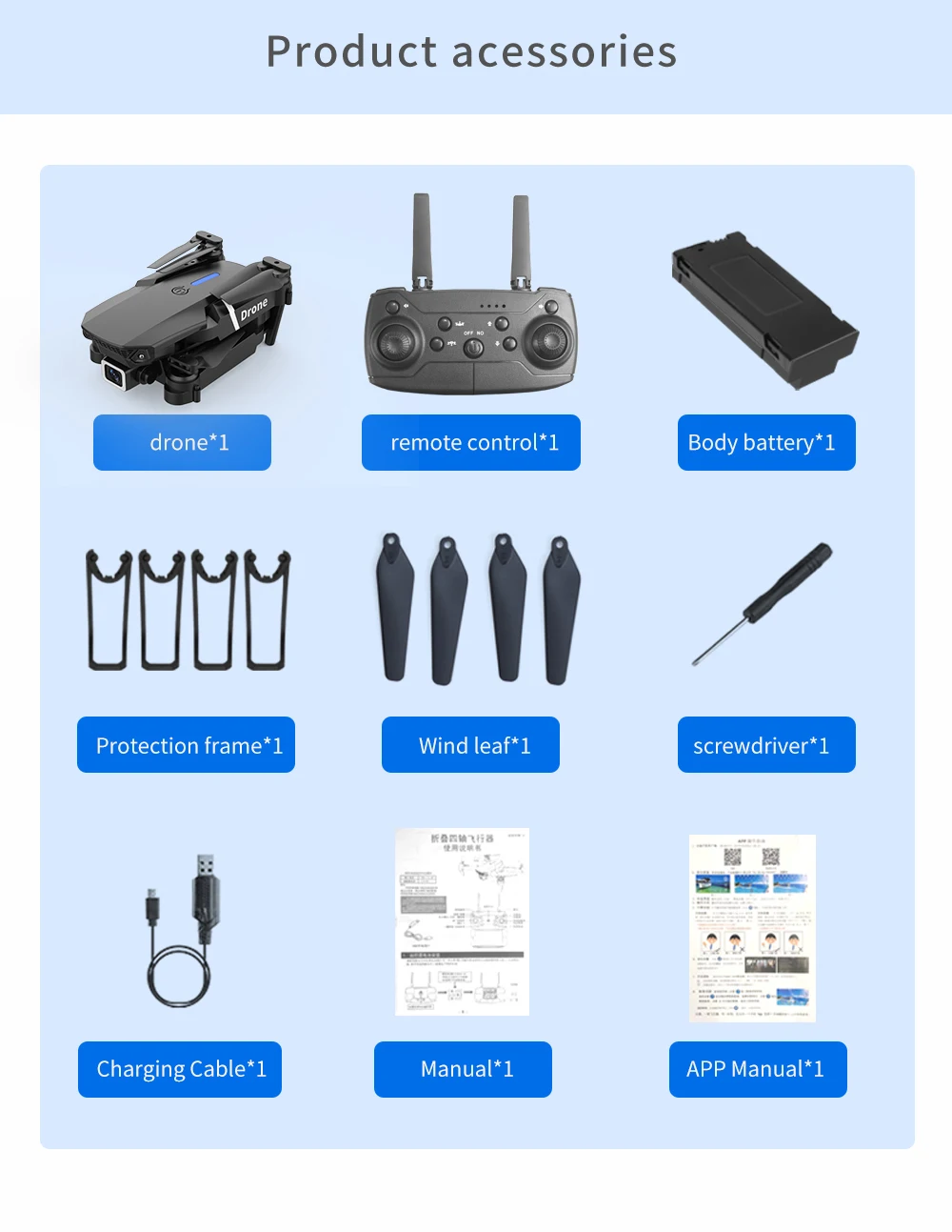 KBDFA E88 Pro Drone, drone*1 remote control*1 body battery*1 protection frame*