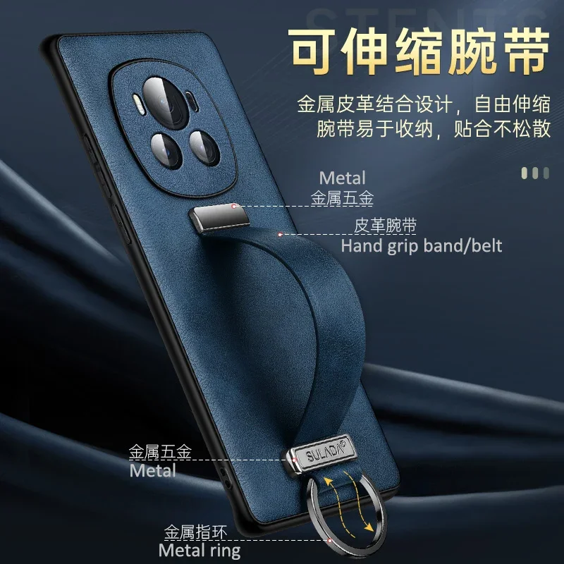 Sulada Finger Hand Grip Band Belt Strap Case For Honor Magic6 Pro Magic 6 5 Pro Business PU Leather Ring Bracket Armor Cover