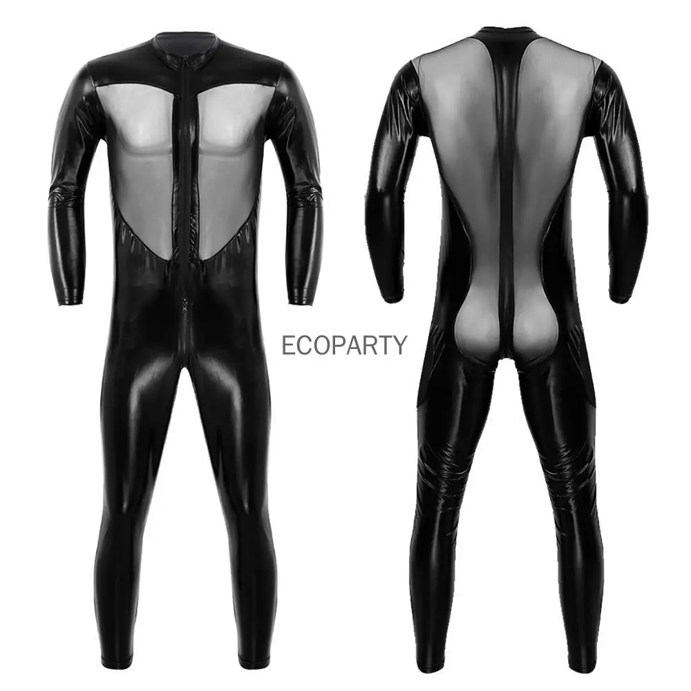 Men Faux Leather Stretch Catsuit Sexy Transparent Mesh Zipper Open Crotch Erotic Tight PVC Bodysuit Fetish Costumes