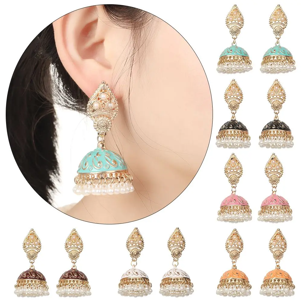 Flower earrings Bohemia Oorbellen hangers vintage gypsy Jhumka Indian style flower pearl beads bell shape