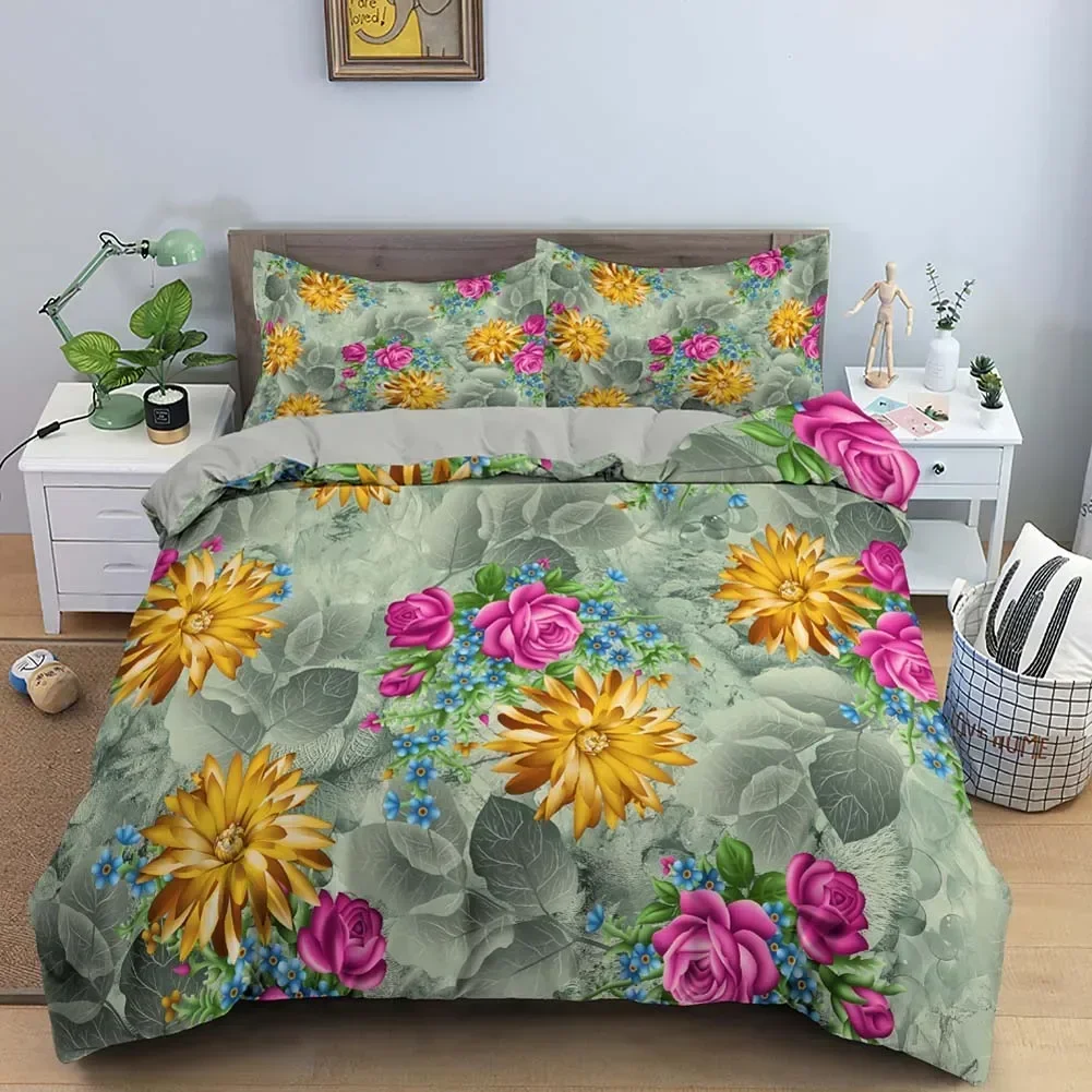 Vintage Flower King Queen Duvet Cover Peony Sunflower Bedding Set Tropical Floral Quilt Cover Boho Polyester Comforter Cover