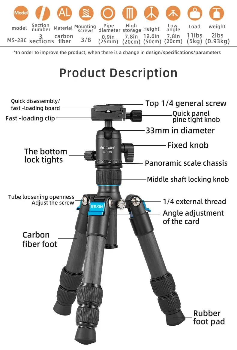 Mini Tripé de Fibra de Carbono para Câmera Dslr e Telefone Compacto Leve Portátil Tripés de Mesa com Alça Bola Cabeça Carga Máxima 8kg - Image 5