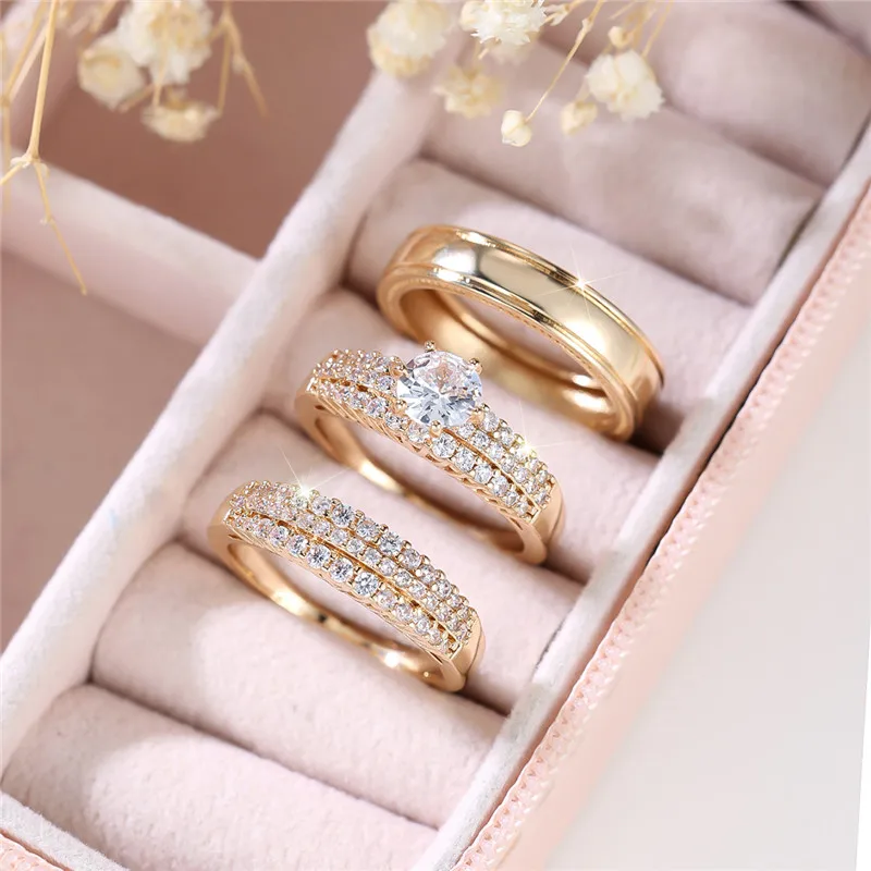 Luxury Female Crystal White Zircon Stone Engagement Ring Set Cute Wedding Jewelry For Women